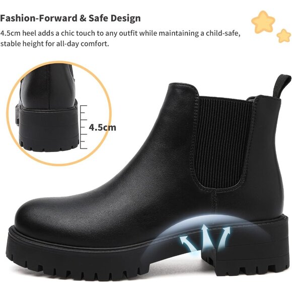 Girls Black Pull-On Fall Chelsea Boots Water-Resistant PU Ankle Heel Boots - Picture 6 of 7